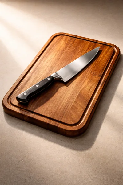 Chef Knife Resting On A Wooden Cutting Board