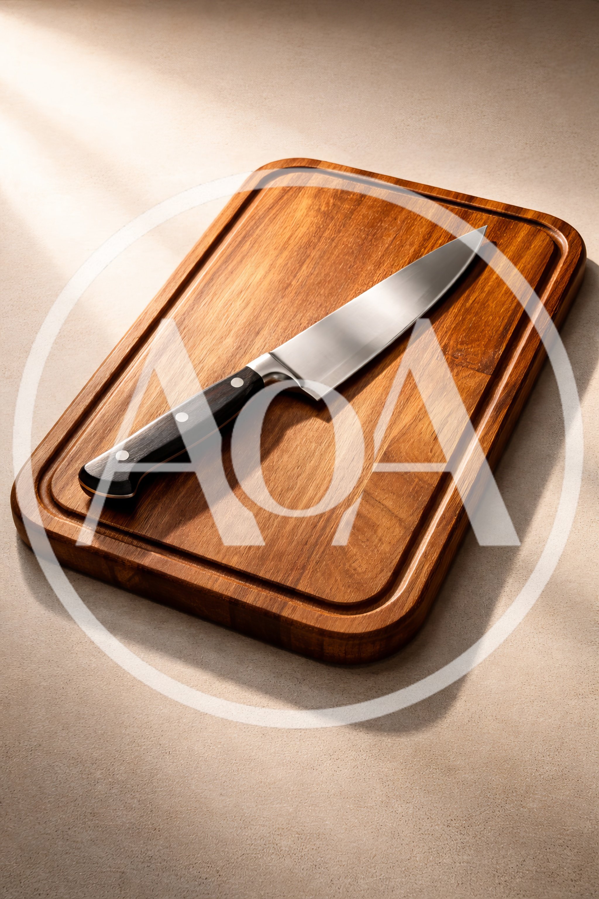 Chef Knife Resting On A Wooden Cutting Board
