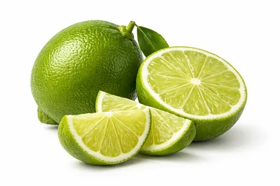 Fresh Whole And Sliced Limes On White Background