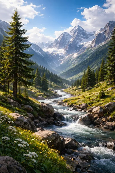 Scenic Mountain Valley With Flowing River And Pine Forest