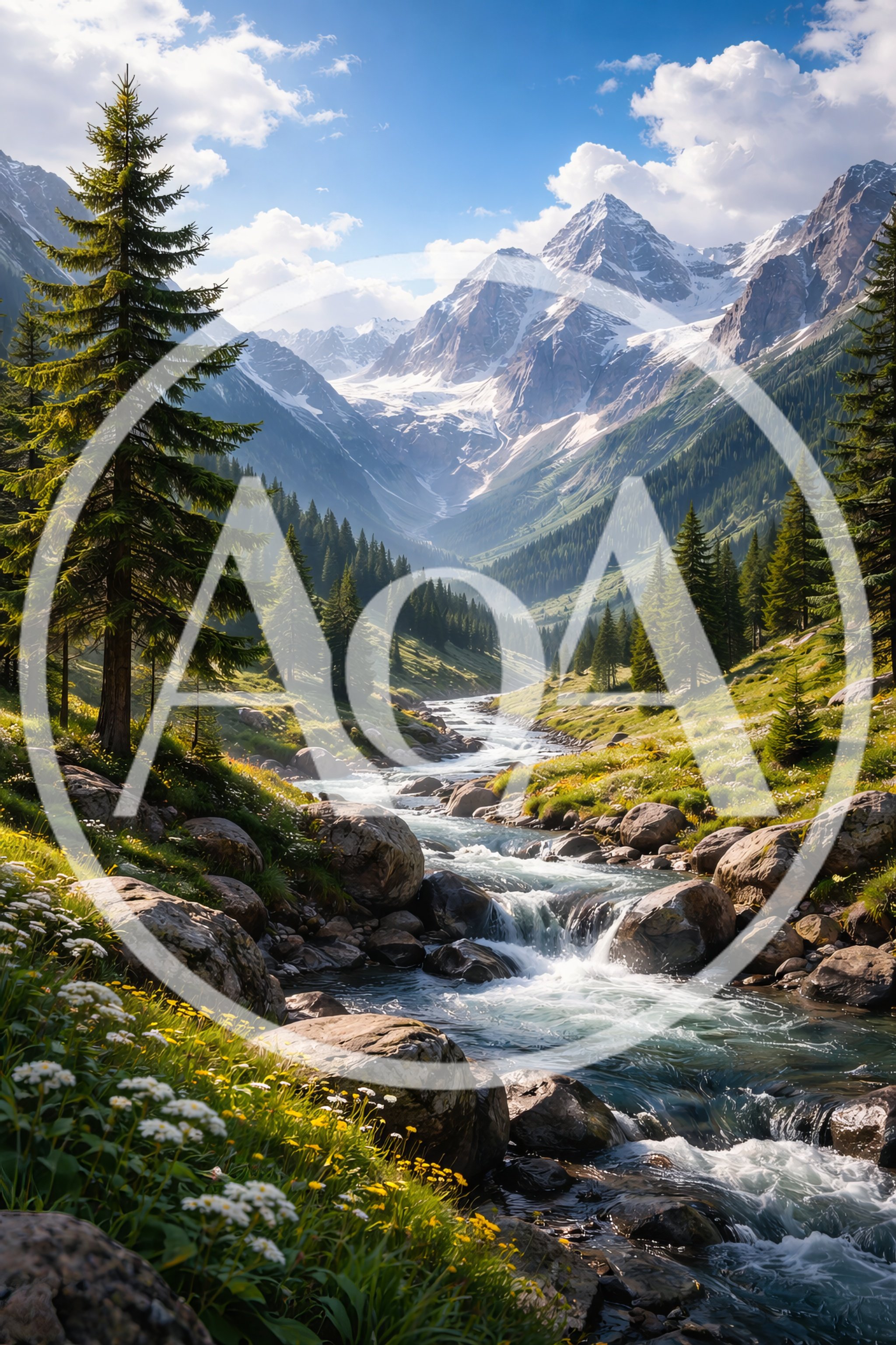 Scenic Mountain Valley With Flowing River And Pine Forest