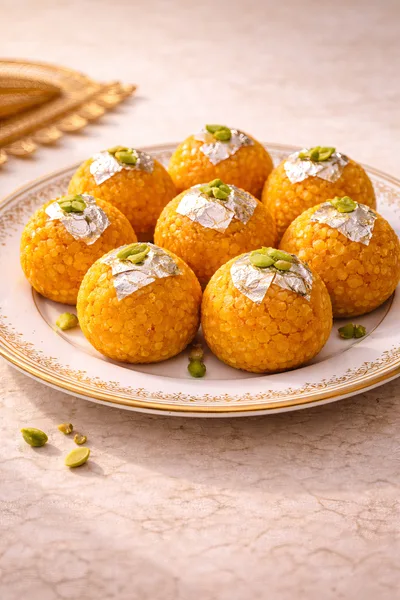 Traditional Indian Motichoor Ladoo Sweets On A Plate