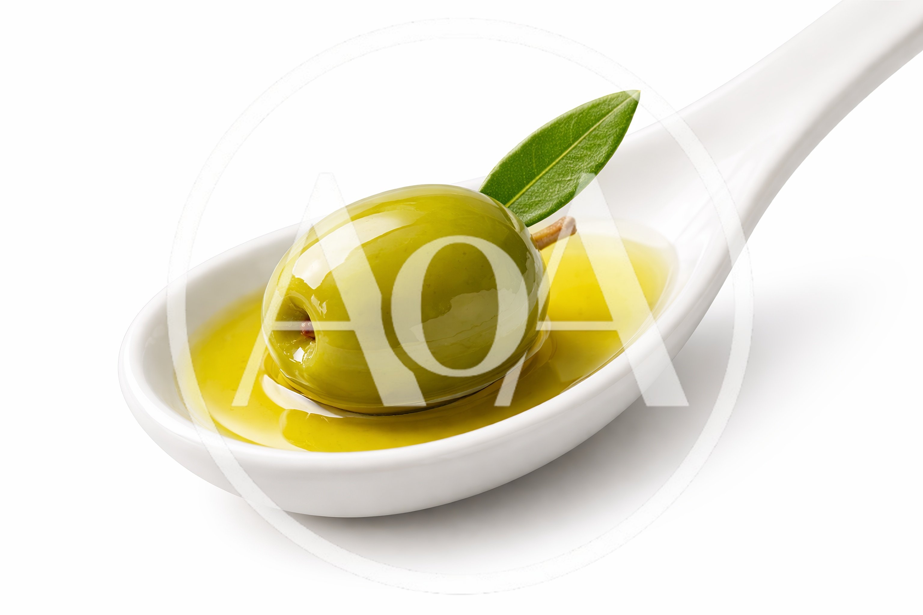 Single Green Olive With Leaf In Spoon Of Olive Oil