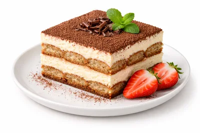 Tiramisu Dessert Slice on White Plate