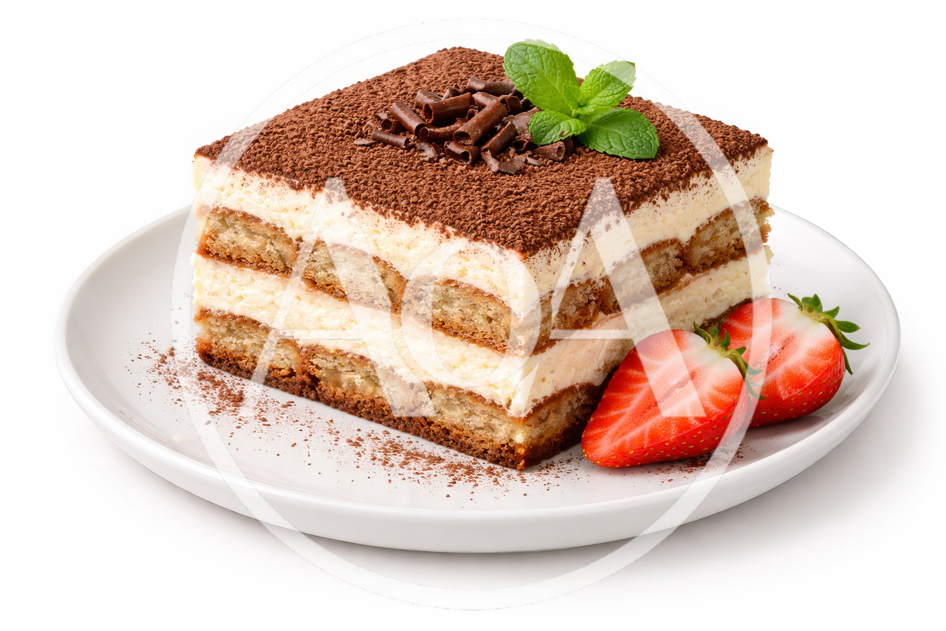 Tiramisu Dessert Slice on White Plate