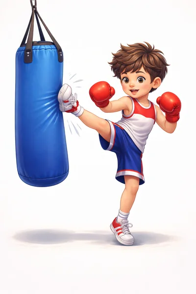 Cute Cartoon Boy Kicking A Blue Punching Bag
