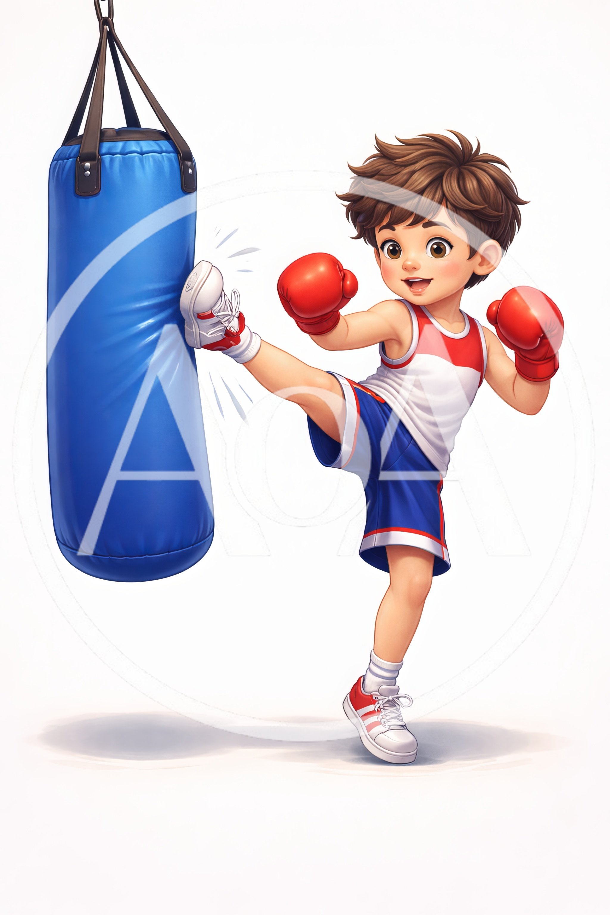 Cute Cartoon Boy Kicking A Blue Punching Bag