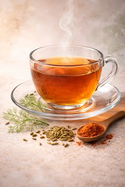 Steaming Cup Of Herbal Fennel Tea With Spices