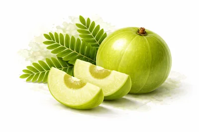 Fresh Amla Fruit With Leaves On White Background