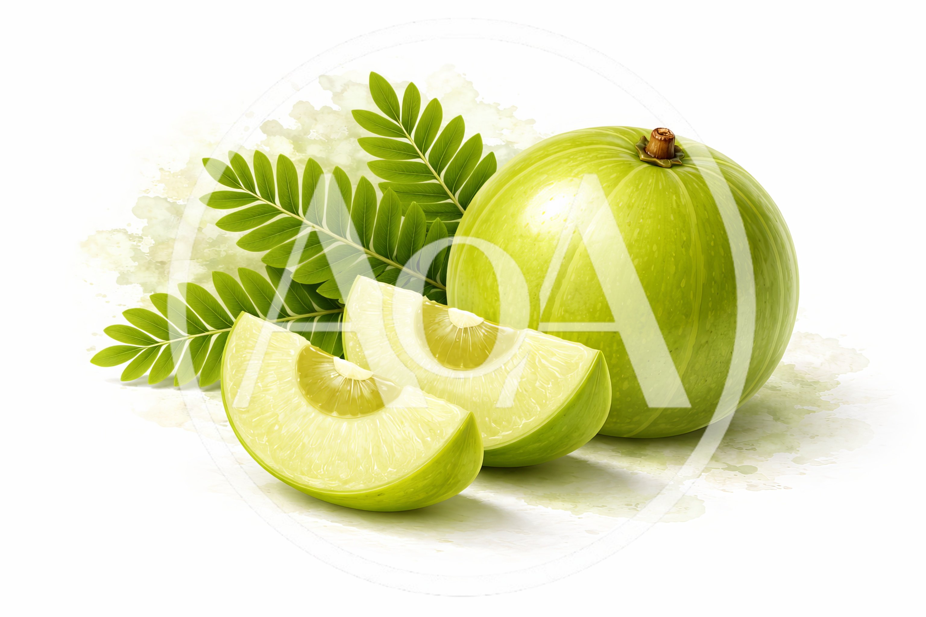 Fresh Amla Fruit With Leaves On White Background