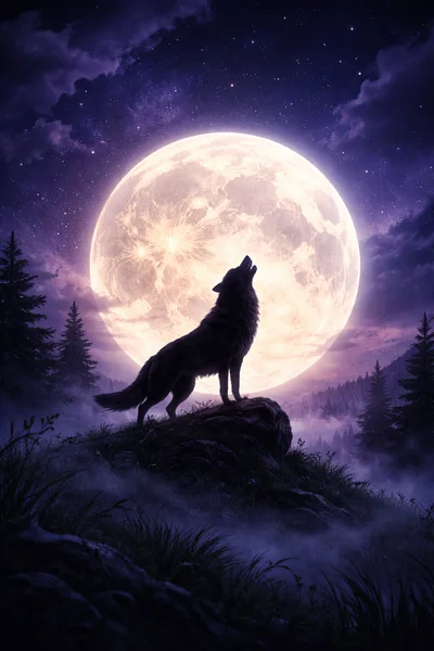 Wolf Howling At A Full Moon In A Forest