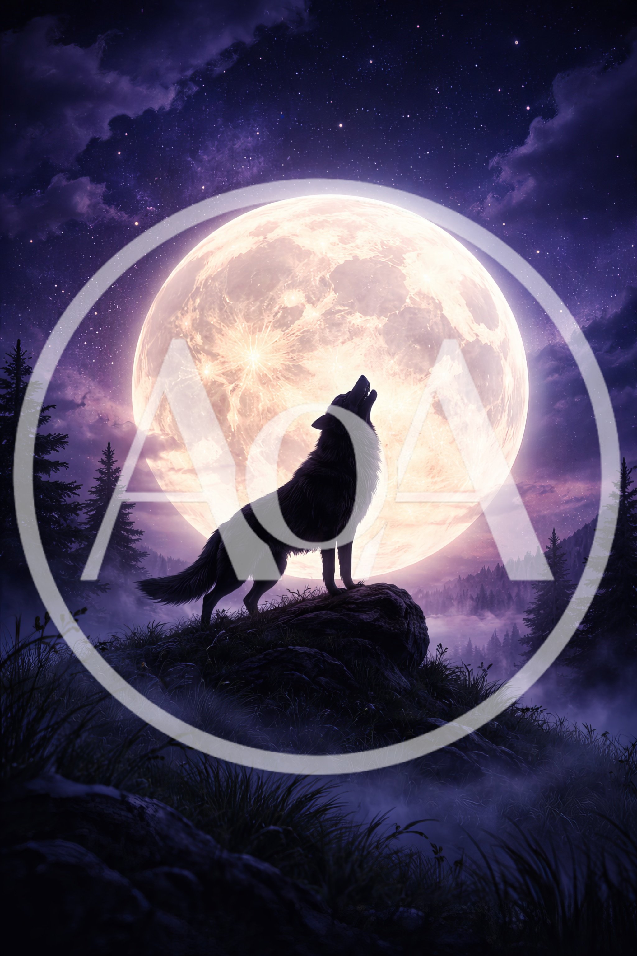 Wolf Howling At A Full Moon In A Forest