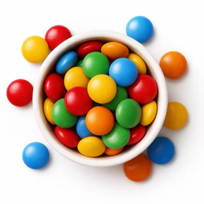 Colorful Chocolate Candy Pieces in a White Bowl
