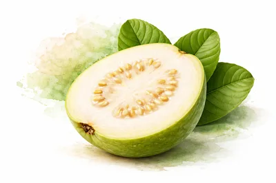 Half Cut Fresh Guava Fruit With Green Leaves