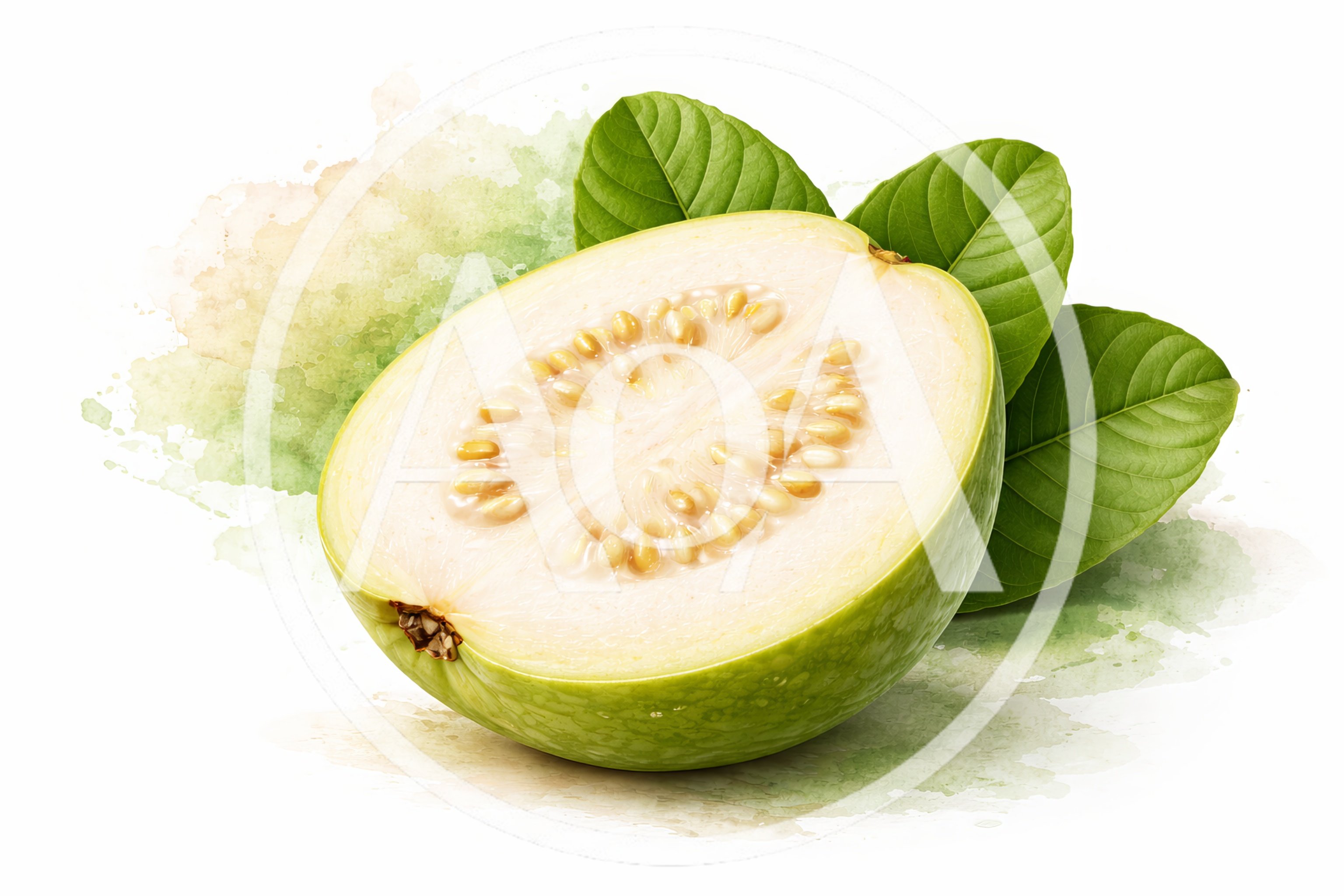 Half Cut Fresh Guava Fruit With Green Leaves