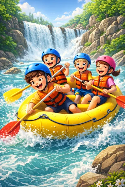 Children Enjoying Whitewater Rafting Adventure