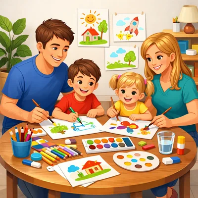 Family Painting Together at a Wooden Table