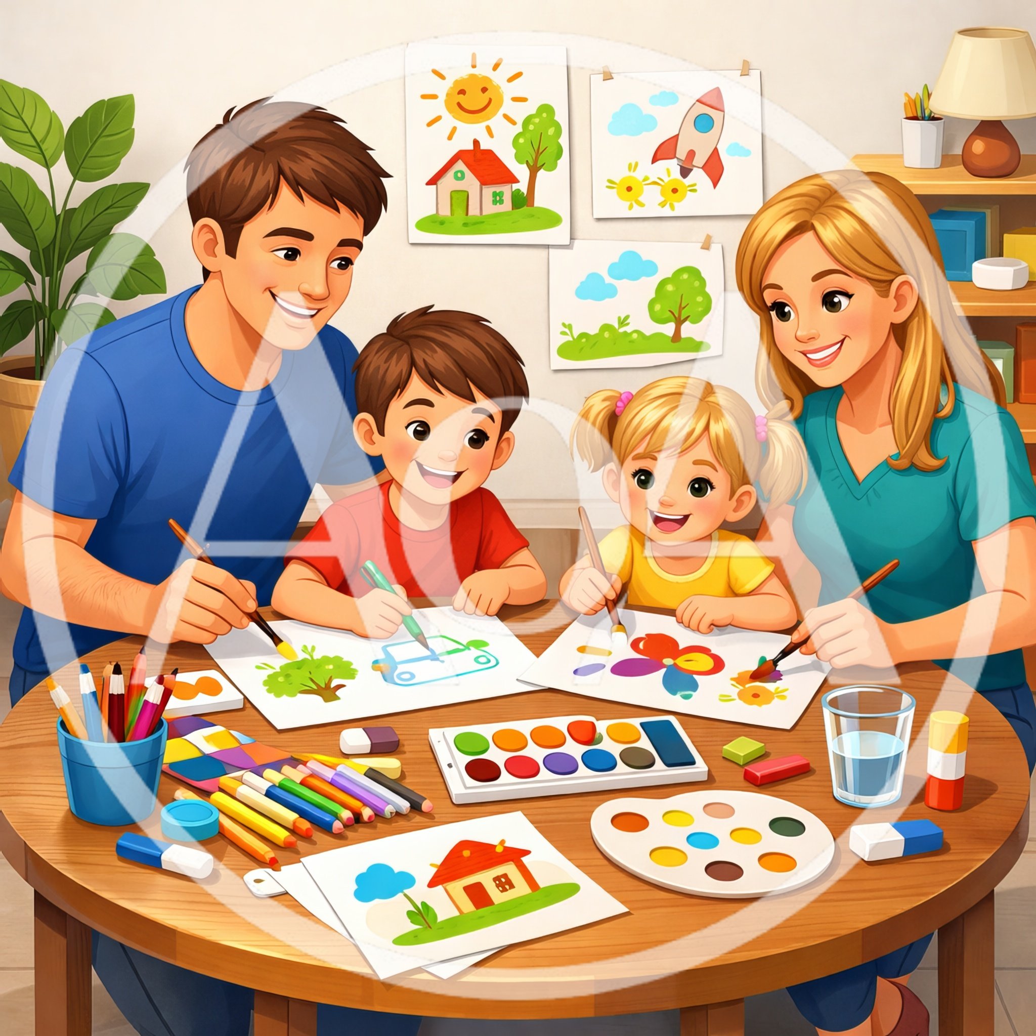 Family Painting Together at a Wooden Table