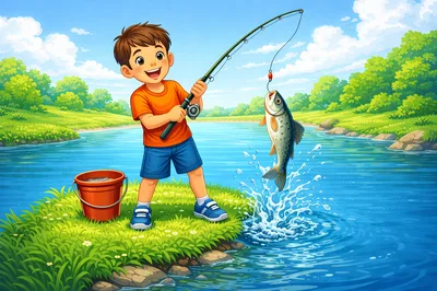 Happy Young Boy Fishing By A Sunny River