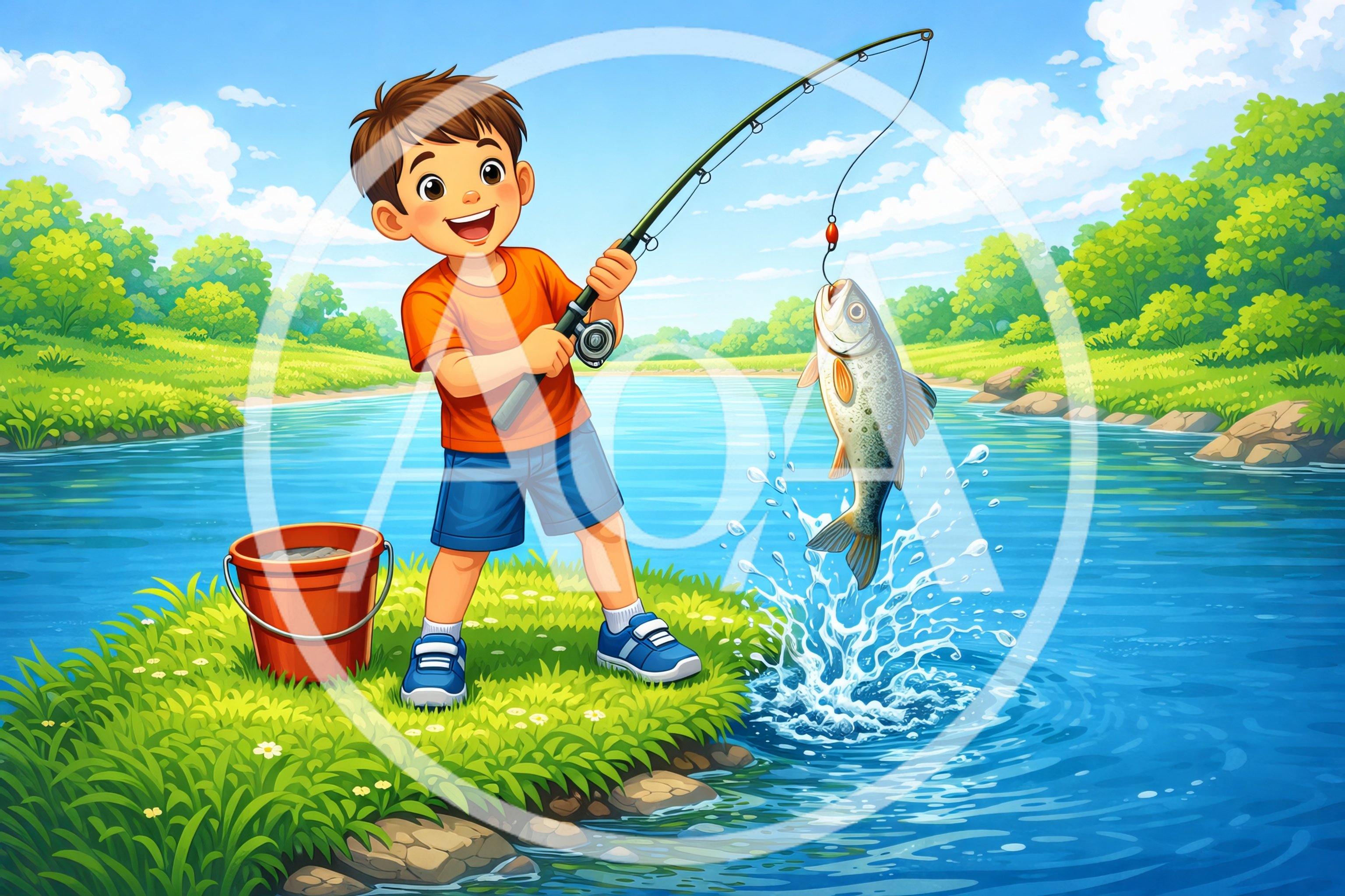Happy Young Boy Fishing By A Sunny River
