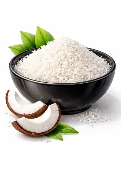 Shredded Coconut Flakes in a Black Bowl