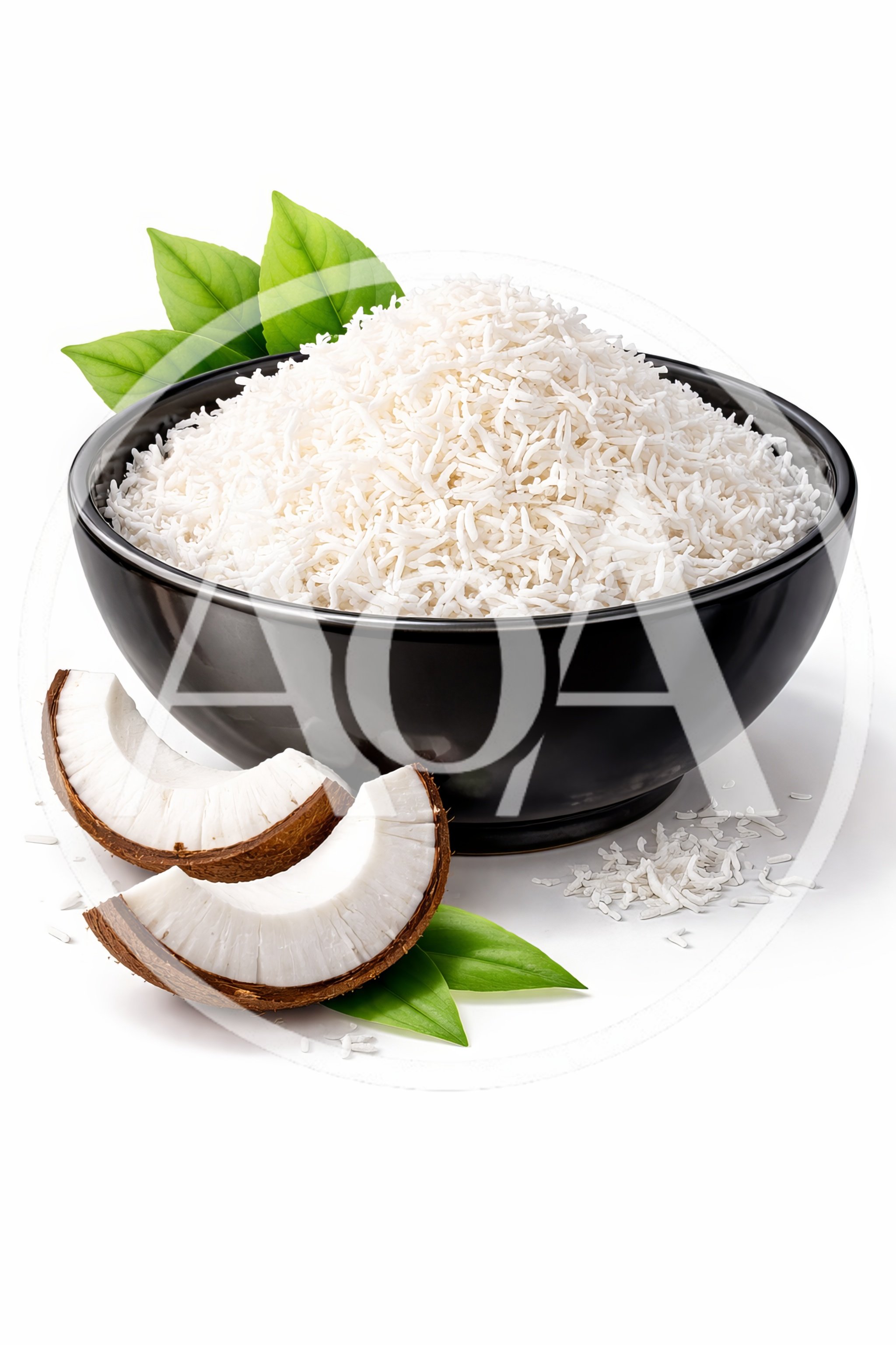 Shredded Coconut Flakes in a Black Bowl