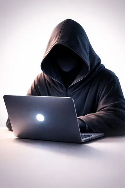 Anonymous Hacker Working On A Laptop In Dark Hoodie