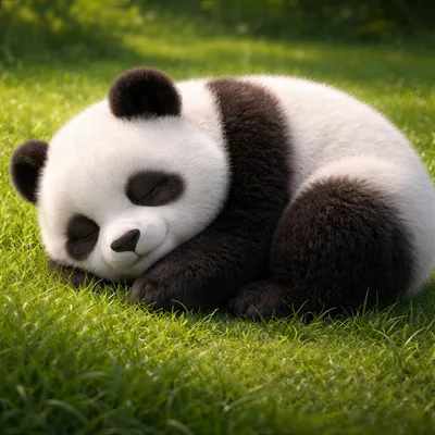 Cute Baby Panda Sleeping On Green Grass