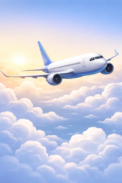 Commercial Airplane Flying Above Clouds At Sunset