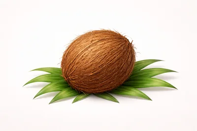 Whole Brown Coconut Resting On Green Palm Leaves