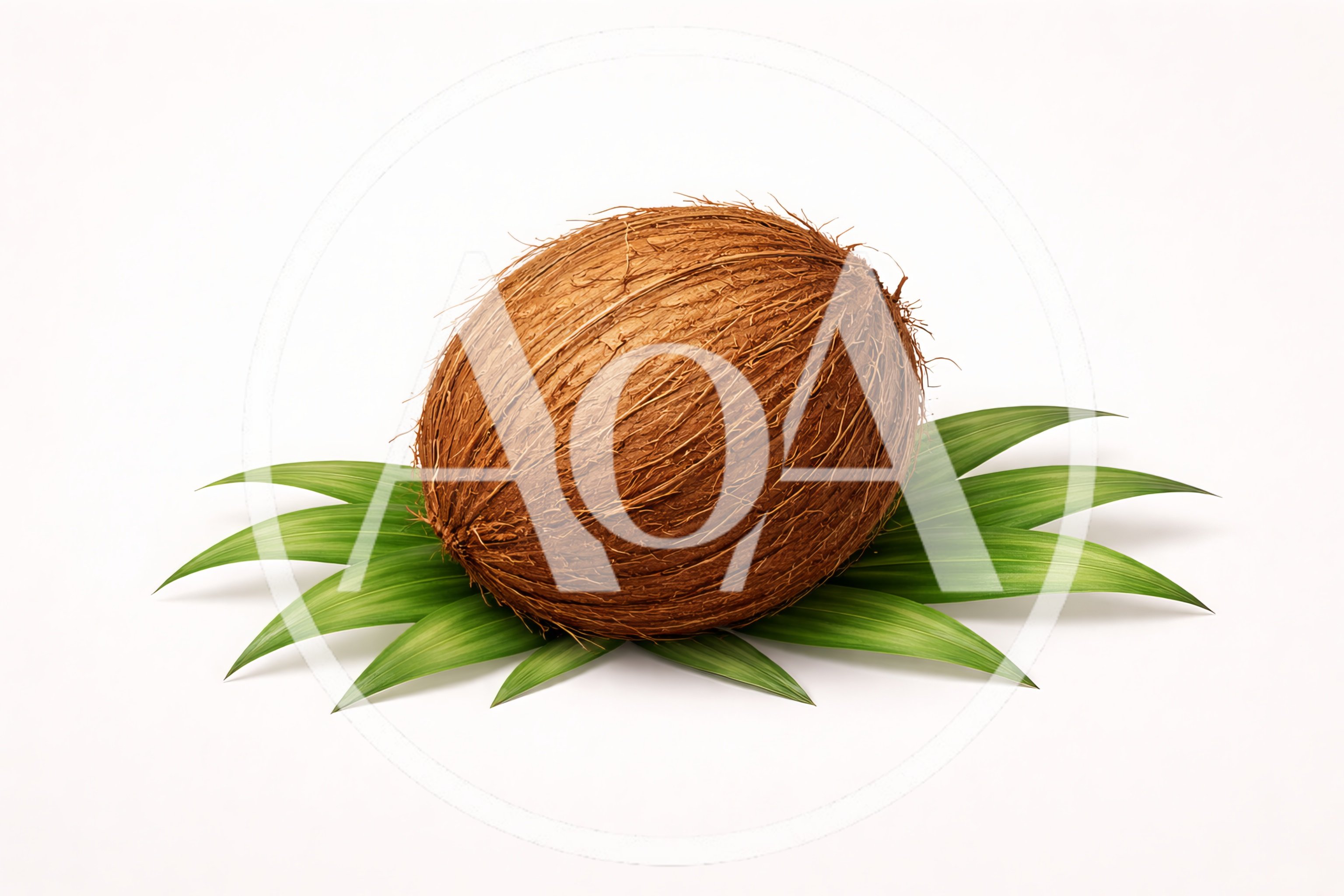 Whole Brown Coconut Resting On Green Palm Leaves