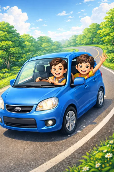Two Happy Boys Driving a Blue Car