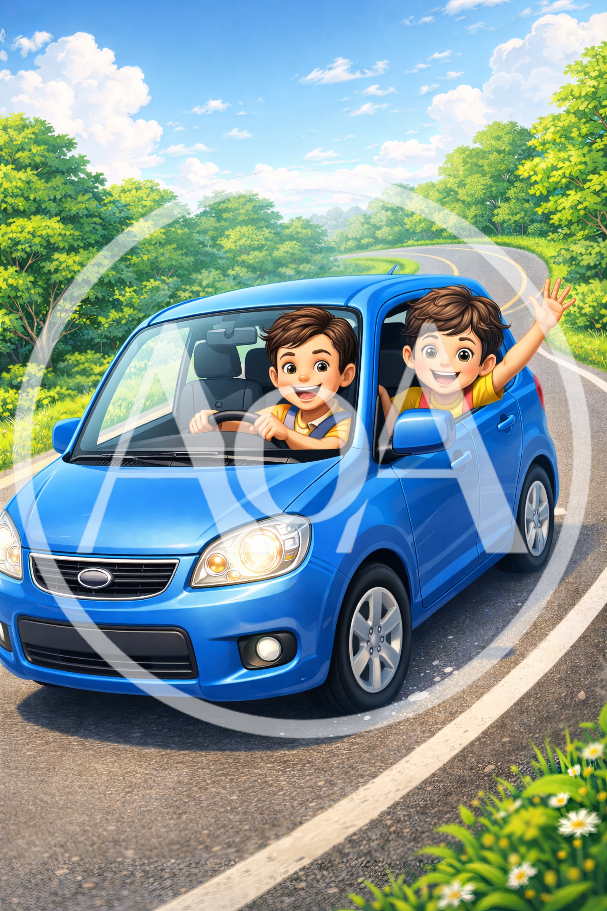 Two Happy Boys Driving a Blue Car