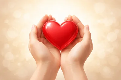 Hands Holding A Shiny Red Heart