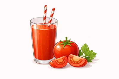 Glass Of Fresh Tomato Juice With Whole And Sliced Tomatoes