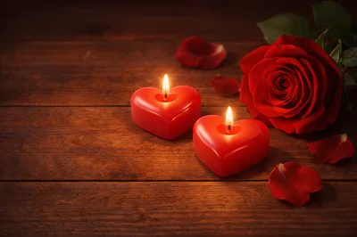 Two Heart Shaped Candles With A Red Rose