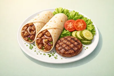 Two Meat Wraps With Grilled Patty And Fresh Vegetables