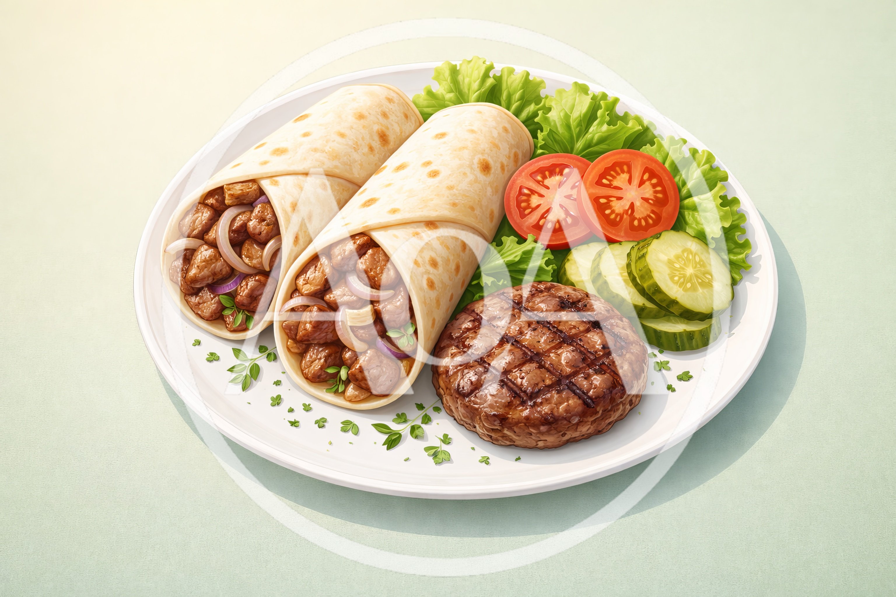 Two Meat Wraps With Grilled Patty And Fresh Vegetables