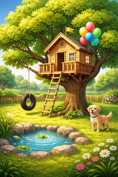 Golden Retriever Puppy Near Treehouse And Pond