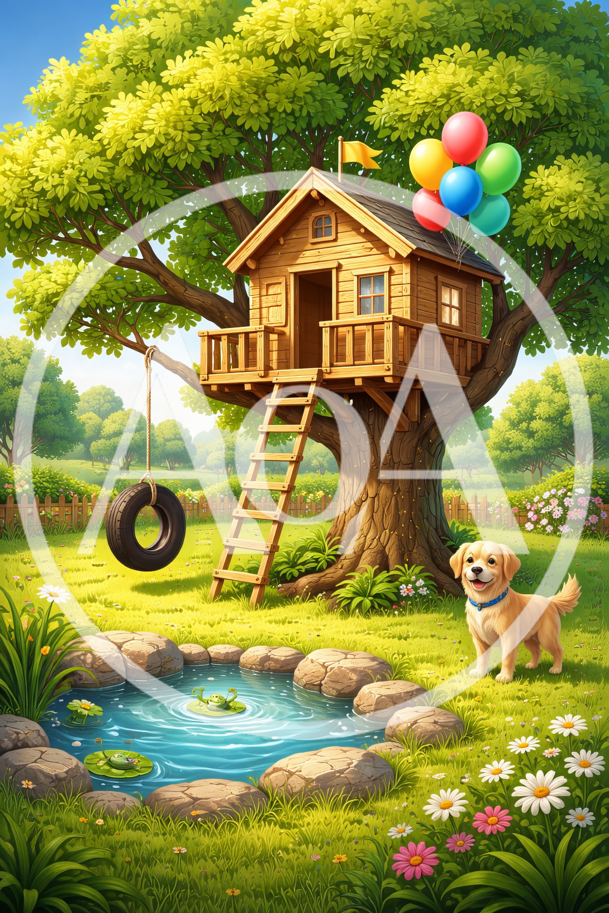 Golden Retriever Puppy Near Treehouse And Pond