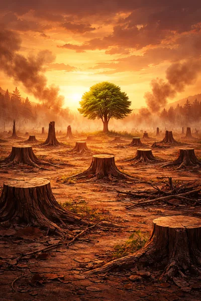 Single Green Tree Standing Amidst Deforested Landscape