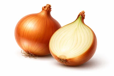 Whole And Halved Yellow Onions On White Background