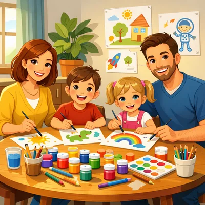 Happy Family Painting Together at Home