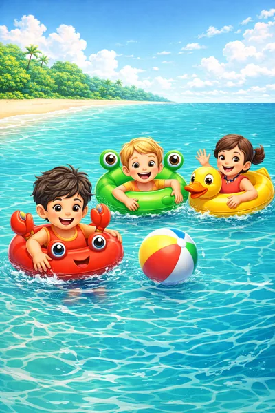Children Playing With Inflatable Pool Floats In The Ocean