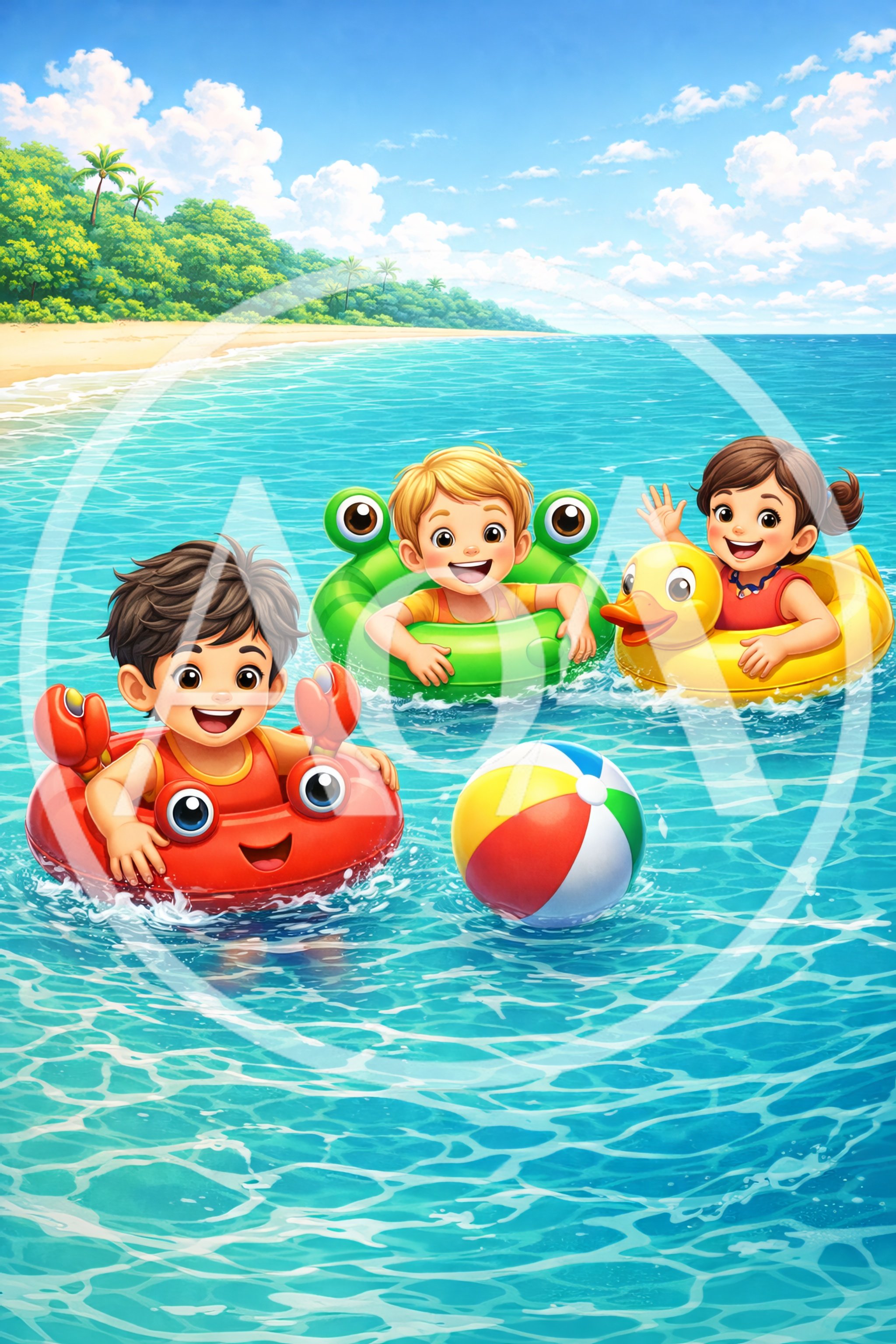 Children Playing With Inflatable Pool Floats In The Ocean