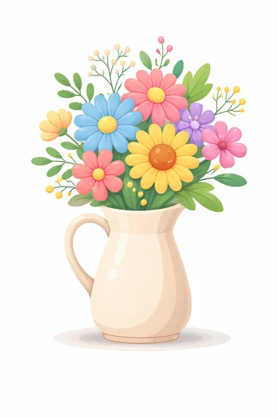 Colorful Spring Flower Bouquet In A Ceramic Pitcher