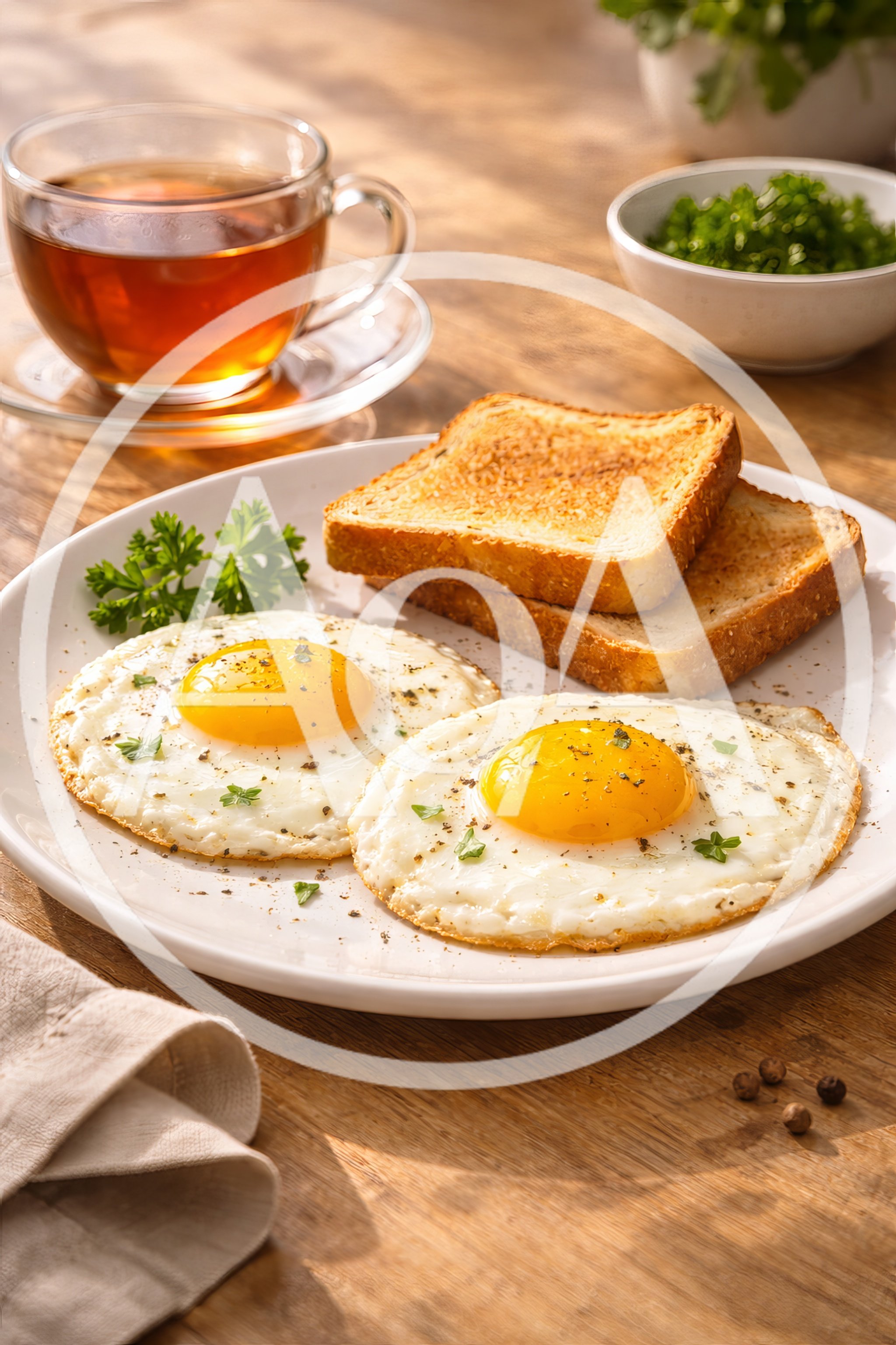 Breakfast Plate With Fried Eggs And Toasted Bread