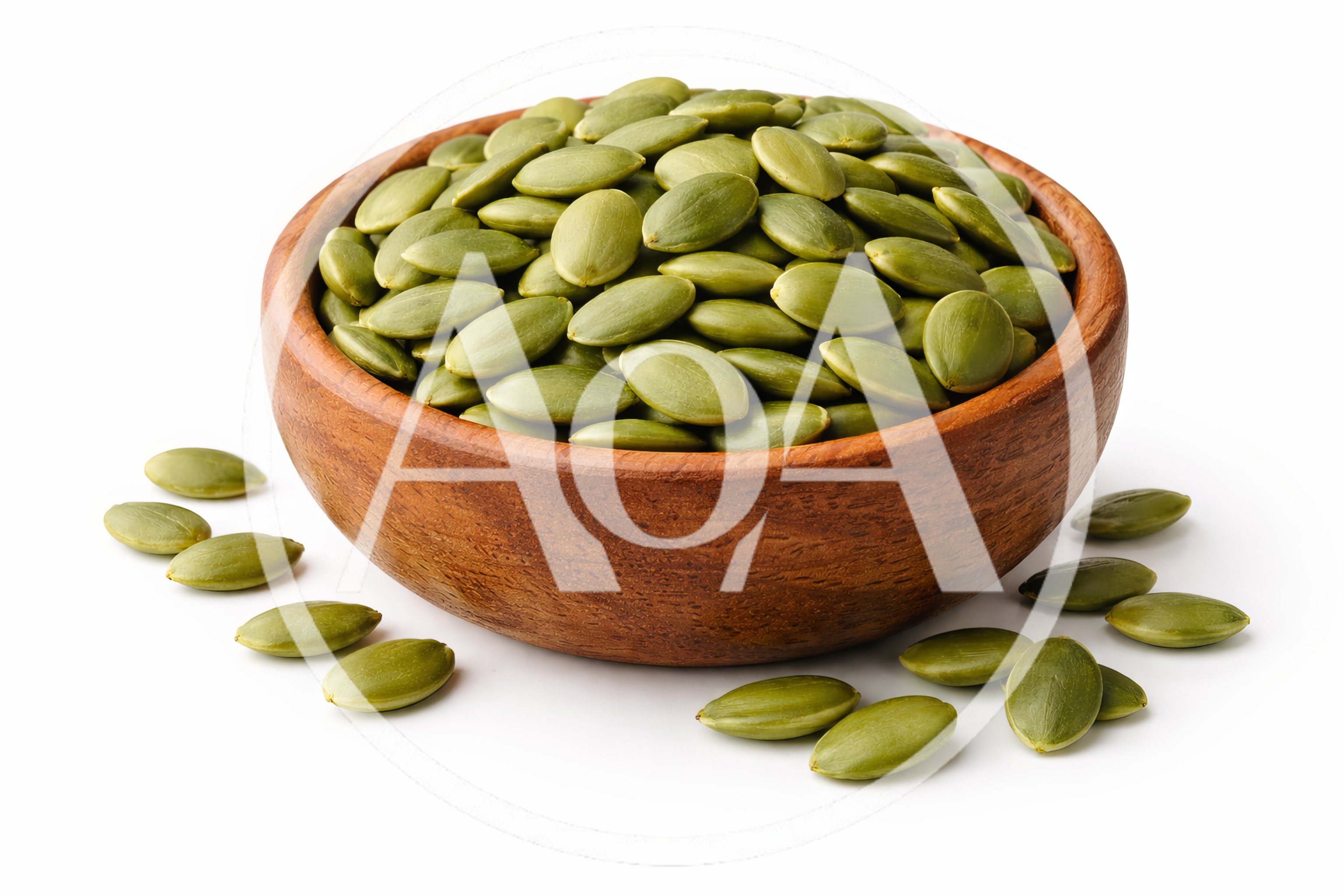 Wooden Bowl Filled With Raw Green Pumpkin Seeds