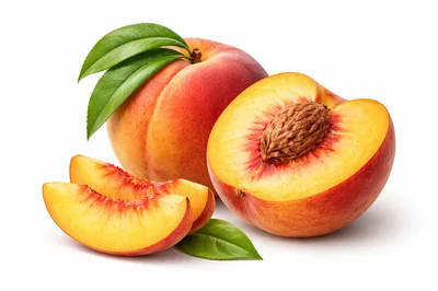 Fresh Ripe Peaches With Leaves On White Background