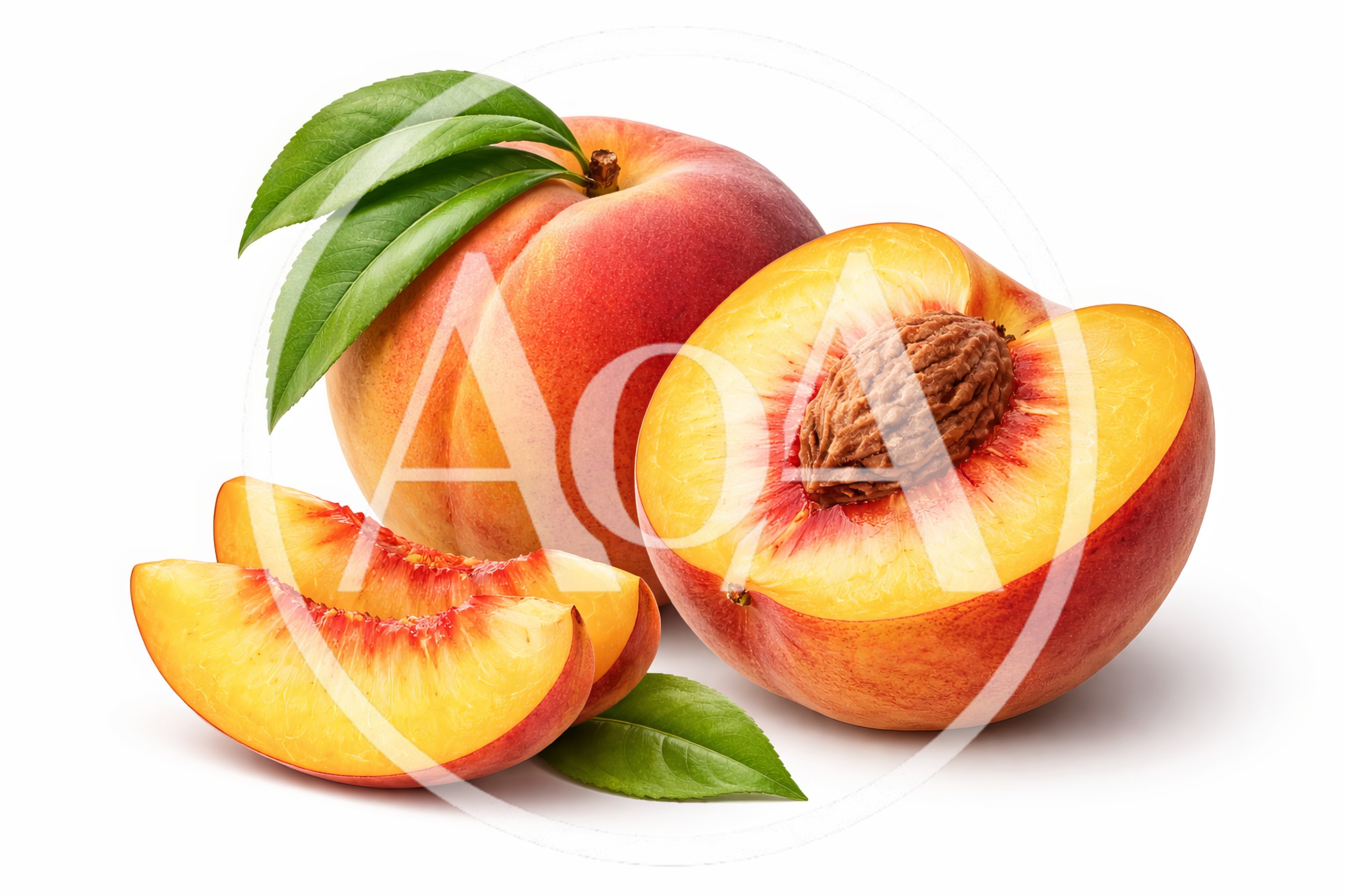 Fresh Ripe Peaches With Leaves On White Background